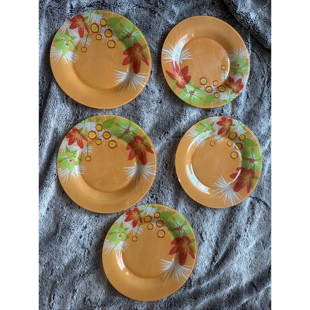 Vintage Retro Luminarc 5 Dinner Plates Orange Pop Flower Tempered Glass Floral